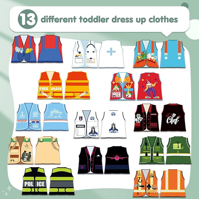 JaGely 13 Pieces Kids Dress up Clothes, Toddlers Community Helper Dress up Vest, Career Role Play Costumes, Cosplay Clothes for Girls and Boys Pretend Play Party Supplies, 13 Styles