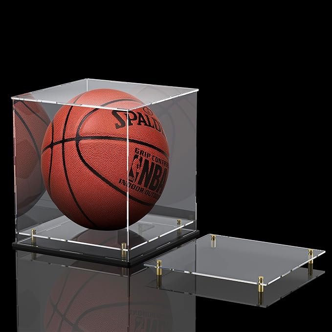 Acrylic Display Case with Floating Shelf & Thick Base for Basketball – Clear UV-Protected Figure Collectible Showcase for Souvenirs, Figurines, and Memorabilia (12" Lx12 Wx12 H)