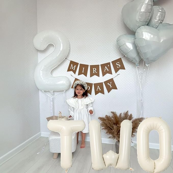 40 Inch Beige Letter Balloon, Cream White Sand Alphabet With Ribbon for 2 Year Old Birthday, Second Anniversary Party Decorations - Neutral Ivory for Kids, Boys, Girls