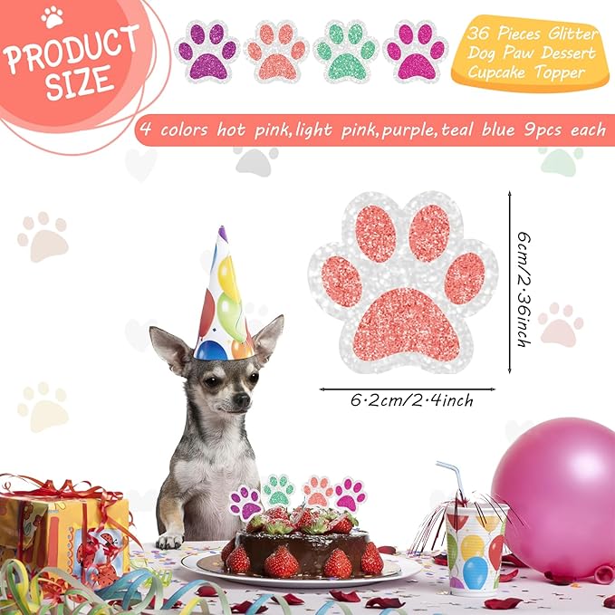 36 Pcs Paw Cupcake Toppers Glitter Dog Paw Cake Decorations 4 Colors Glitter Puppy Cupcake Toppers for Baby Shower Boys Girls Birthday Party Cake Supplies