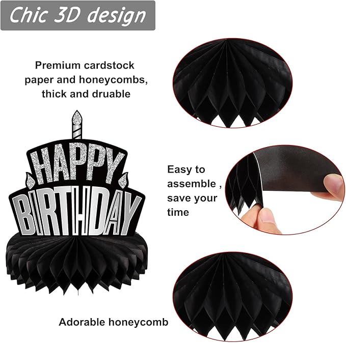 Pajean 8 Pieces Sliver and Black Birthday Party Honeycomb Centerpieces Sliver Black Table Centerpieces Decorations Table Centerpiece Sign for Kids Adults Party Supplies