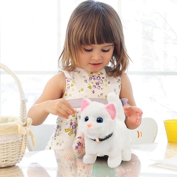 Easfan Walking Kitty Plush Toy Electric Interactive Cat Stuffed Animal Meowing Tail Wagging Head Nodding Cat Pet Toy Animated Kitten Birthday for Kids Toddlers,7.5’’ (White)