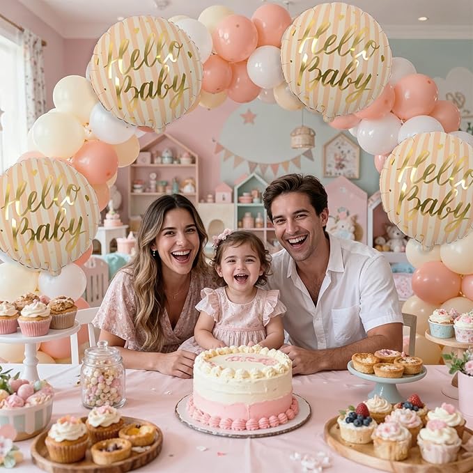 18" Hello Baby Foil Balloons for Welcome Baby Party Decorations, 4pcs Light Pastel Orange Cream Mylar Balloons, Peach Beige Gold Balloon for Gender Neutral Baby Shower Sip and See Party Decor Supplies