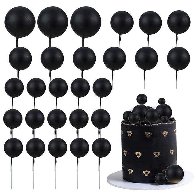 Gyufise 30Pcs Mini Balloon Cake Topper Foam Ball Cake Picks Cupcake Faux Pearl Balls DIY Cake Insert Topper Decoration for Anniversary Graduation Birthday Party Baby Shower Black