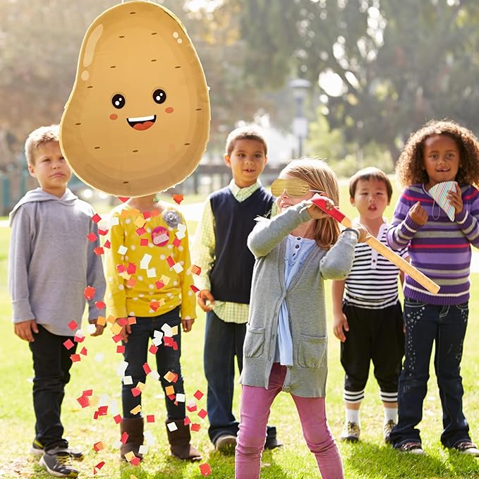 Potato Piñata for Kids Birthday Party 15 x 12 x 2.8 Inches Veggies Theme Piñata with Stick Blindfold and Confetti for Baby Shower Photo Props Cinco De Mayo Fiesta Decoration