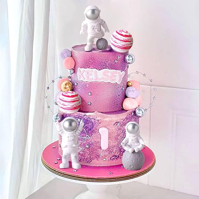 LaVenty Pink Space Cake Toppers Outer Space Astronaut Rocket Stars Cake Decorations for Birthday Party Supplies Baby Shower