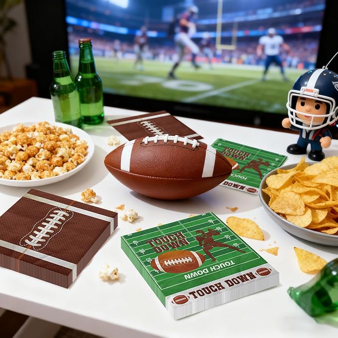 100Pcs Football Napkins, 13 x 13 Inches Tailgate Birthday Napkin, Touchdown Napkins, Football Party Napkin for Kids Fans Tailgate Gameday Birthday Party Supplies