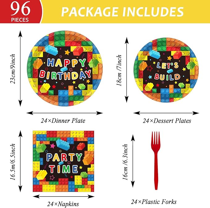 gisgfim 96 Pcs Building Block Birthday Party Supplies Paper Plates Napkins Colorful Blocks Party Birthday Decorations Favors for Boy or Girl Serves 24