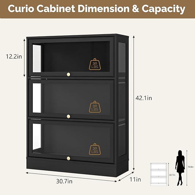 Display Cabinet with Acrylic Glass Doors,3-Tiers Curio Cabinet with LED Lighting for Collectibles, Collectibles Toy Organizers Rack & Display Shelf Display Case Storage Cabinet, Black