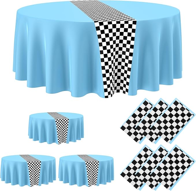 Oudain 6 Pcs Cars Birthday Party Supplies Racing Party Decorations Round Racing Tablecloth Checkered Flag Table Covers Road Plastic Table Cloth, 1950s Disco Dancing Party Tablecloth (Light Blue)
