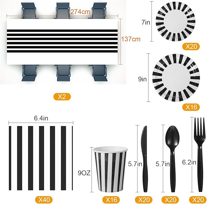154 Pcs Black & White Party Supplies Disposable Dinnerware Set - Striped Tablecloth, Plates, Cups, Napkins, Cutlery for Wedding Birthday Party Supplies