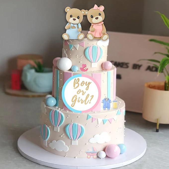 Bear Cake Toppers Gender Reveal Balls Cake Decorations for Boy Girl Gender Reveal Baby Shower Party Supplies