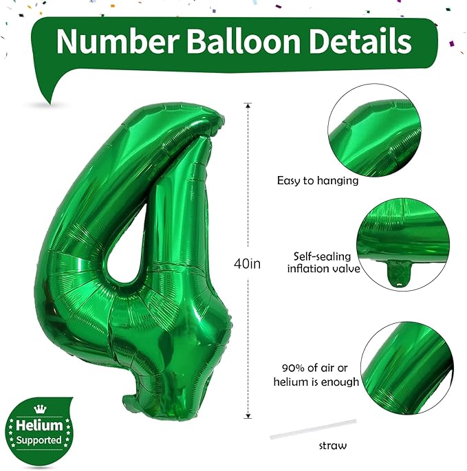 Emerald Green Number Balloons, 40 Inch Dark Green Number 4 Balloon for Boys, Giant 0-9 Set with Foil Helium for 4th Women Boys Birthday Party Decor Anniversary Jungle Decoration Supplies