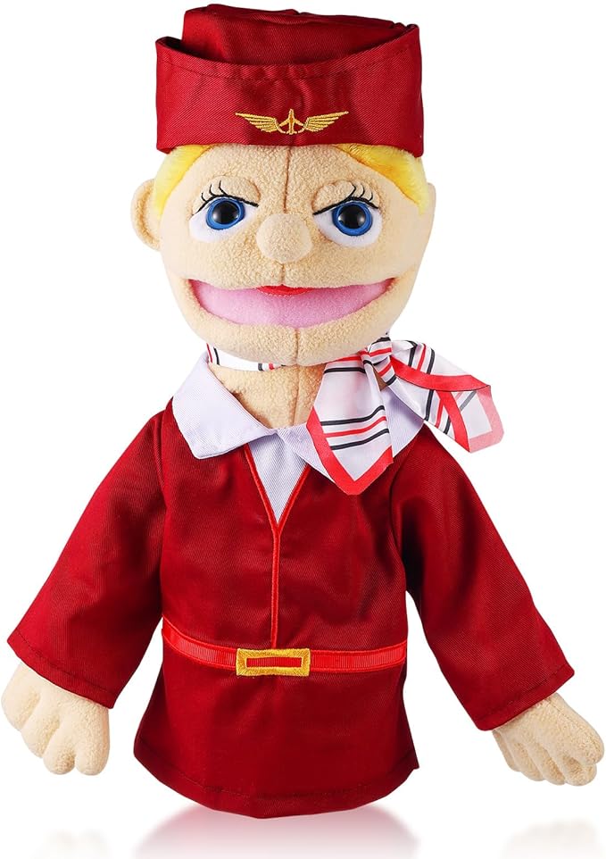 Role Play Hand Puppets Hand Plush Chef Doctor Fireman Pirate Detective Athlete Nurse Worker Hand Puppet Toys Puppets for Kids Storytelling Imaginative Pretend Play Teaching Preschool(Stewardess)