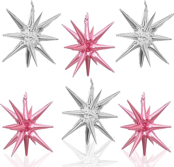 6 Pcs Silver Star Foil Balloons One-Piece 14-Pointed Star Balloon 4D Starburst Cone Mylar Balloon 22inch Christmas Birthday Wedding Wedding Anniversary Party Supplies (Silver + Pink)