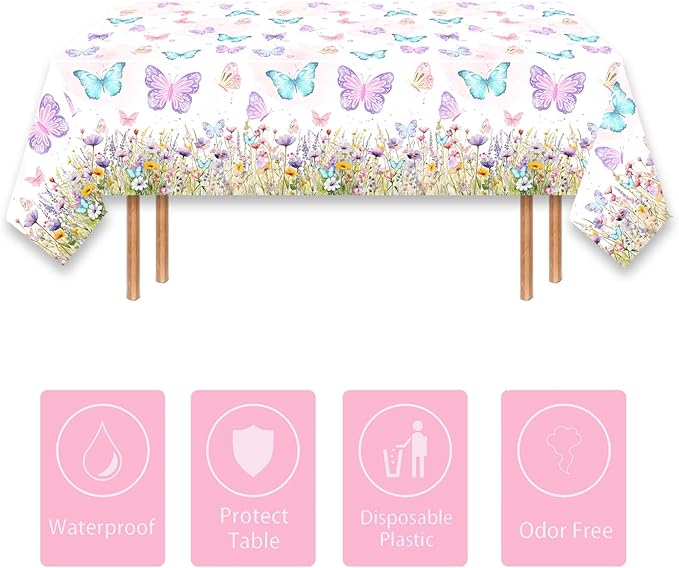 2 Pack Butterfly Tablecloth Birthday Party Decorations for Spring Butterfly Theme Girls Baby Shower 1st 2nd 3rd 4th Birthday Party Table Supplies Favors, 108 x 54 Inch