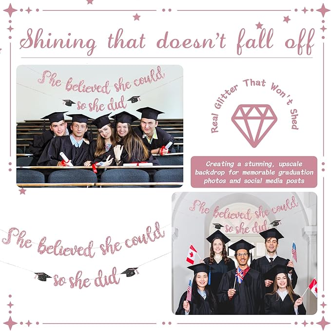 She Believed She Could So She Did Banner - Pre-Strung Glitter Graduation Decorations 2026 for Women Girls, Inspirational Grad Party Supplies, Class of 2026 College High School Masters PhD Decor (Rose Gold)