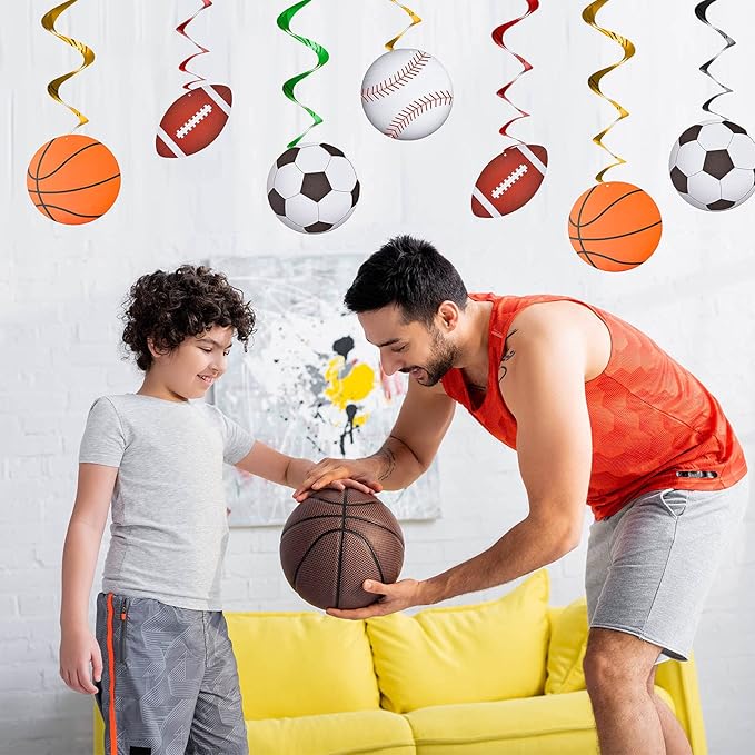 48 Pieces Sports Hanging Swirl Decorations Baseball Basketball Football Soccer Hanging Whirls Ceiling Streamers Colorful Swirls Streamers for Birthday Sport Party Supplies