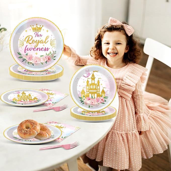 CHUNNIN 96Pcs Princess 5th Birthday Plates and Napkins Her Royal Fiveness Decorations Princess Party Dessert Plates Rainbow Castle Tableware for 24 Guests 5th Theme Girl Baby Shower Party Supplies