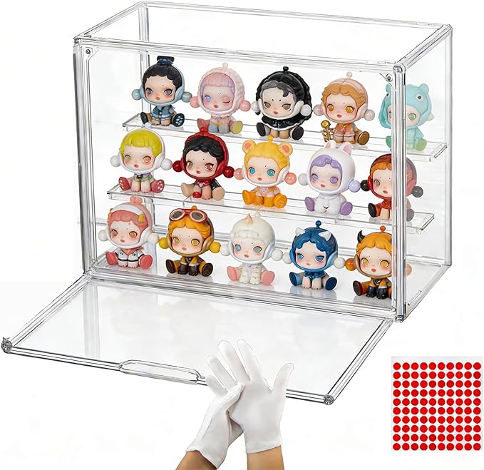 Dustproof Acrylic Display Box with Magnetic Door for Action Figures - 3-Tier Shelf for Collectibles, 2 Removable Plates, Tool-Free + Gloves & 100 Super Glue