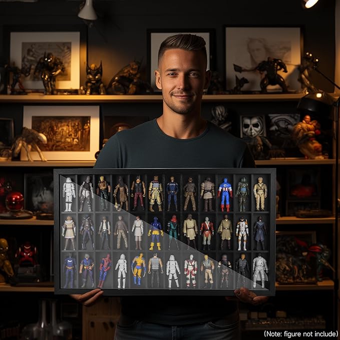 Wooden Display Case for 3.75 inch Action Figures, Wall Mounted 36 Compartments Collectors Showcase,Fit for 1/18 Scale Star Wars / GI Joe / Marvel Action Figure Toy Black