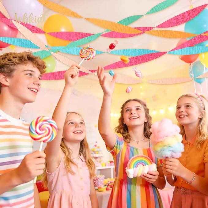 AOBKIAT 5 Rolls Rainbow Party Streamers Crepe Paper,Candyland Party Decorations for Christmas,Birthday,Wedding,Bachelorette,Bridal/Baby Shower,Hanging Candyland Backdrop Decoration