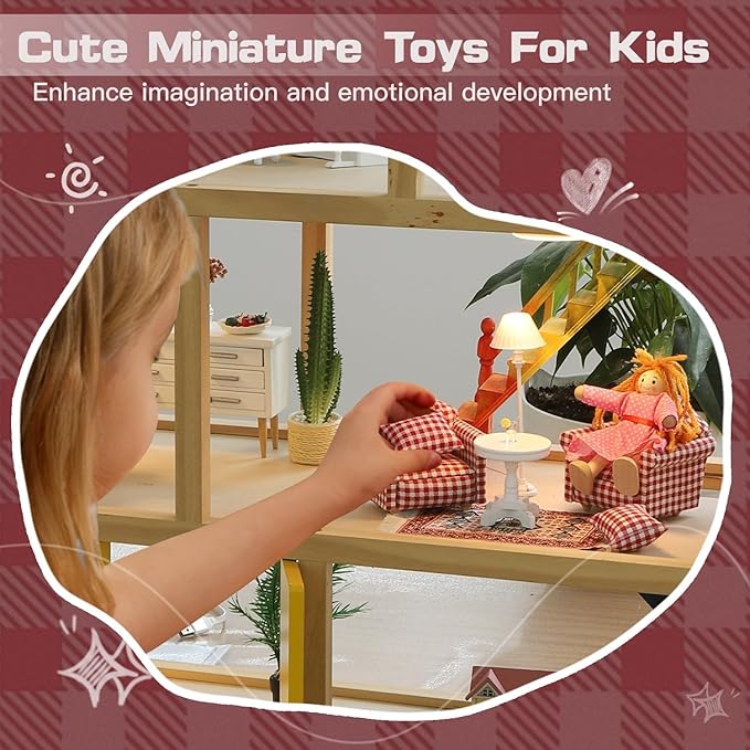 iLAND Cute Kids Toys for Girls 6-8 Lovely Dollhouse Furniture on 1/12 Scale Gingham Doll House Couch Set inc 2 Miniature Sofas 1 End Table 1 Rug Small for Girls