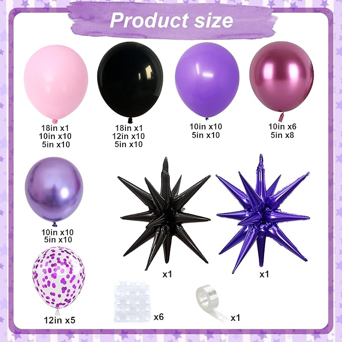 Pink and Purple Balloon Garland Arch Kit, Black Purple Pink Metallic Confetti Latex Party Balloons with Explosion Star Foil Balloon for Girls Bridal Baby Shower Wedding Birthday Party Decorations