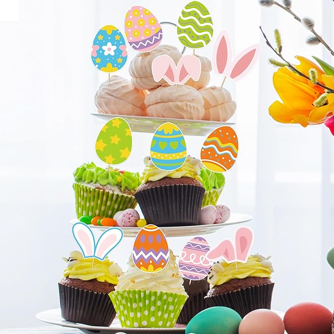 36pcs Easter Cupcake Toppers, 12 Kinds Easter Cake Topper Decorations, Paper Colorful Easter Eggs Bunny Ears Cake Topper Decor, Single Sided Printing Spring Party Desserts Cupcake Topper Decoration