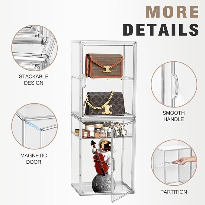 Clear Acrylic Display Case for Figures 4-Tier Collectibles Storage Box with 3 Dividers Stackable Display Stand for Action Figures, Handbag, Shoes,1 Pcs