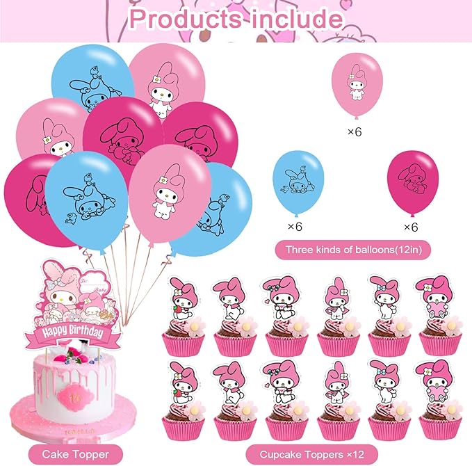 My Melody Party Decorations - Birthday Party Supplies Includes Banner, Cake Topper, 12 Cupcake Toppers, 18 Balloons, 50 My Melody Stickers