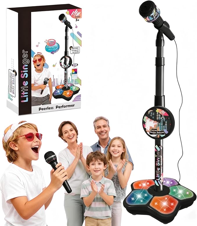 Kids Microphone with Stand, Microphone for Kids, All-in-One Microphones Toy with Flashing Stage Light Base, Got Built-in Music, Colorful Lights, Echo Effects, Portable Karaoke Machine (Black)