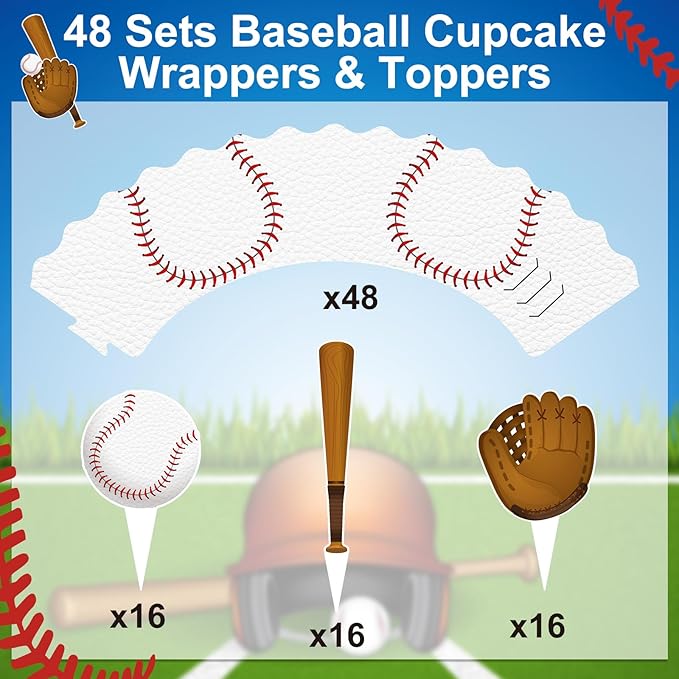 Nuenen 96 Pcs Baseball Cupcake Toppers and Wrappers Set Baseball Birthday Party Cupcake Decorations Sport Themed Cake Picks and Holders for Birthday Gathering Party Decoration Supplies (Retro)