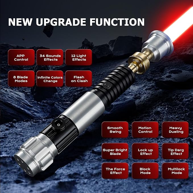 Upgrade App Control OBW Dueling Lightsaber, Smooth Swing 34 Sound Effects 12 Light Effects, 16 Colors and Infinite Change Metal Light Saber for Adults (Pixel-OBW)