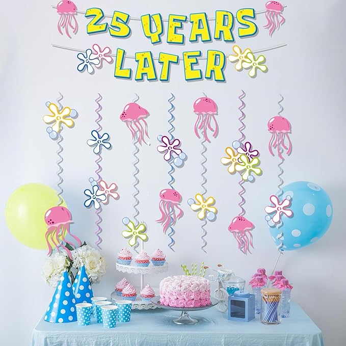 25 Years Later Birthday Banner Carton Sponge Banner Jelly Fish Hanging Swirls Garlands Sea Animals Hanging Banner for Birthday Party Decorations Supplies Party Favors