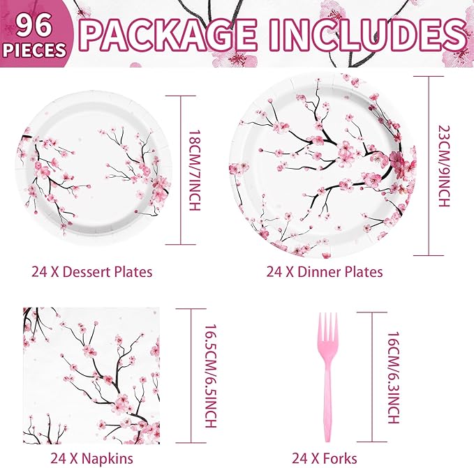 Grencian 96 PCS Cherry Blossom Party Supplies Cherry Blossom Plates and Napkins Disposable Tableware Set Cherry Blossom Birthday Decorations for Baby Bridal Shower Tea Cherry Blossom Decor Serves 24