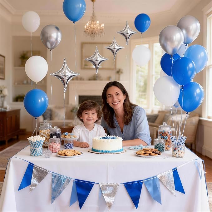 Royal Blue and Silver Balloons for Graduation Party Decorations, 12In Dark Navy Blue and White Balloons with Metallic Silver Star Balloon for Graduation Father's Day Birthday Baby Shower Party Decor