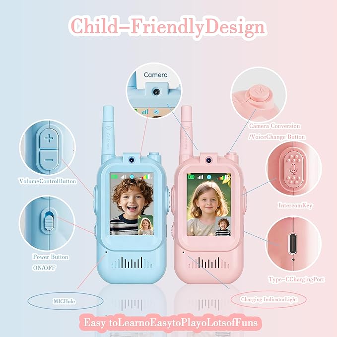 Video Walkie Talkies for Kids, Long Range Rechargeable Kids Walkie Talkies with Camera & Screen, 4 Voice Changer Real-Time Video Calls Toys, Birthday Gifts for Boys Girls Ages 3-12 (Blue+Pink)