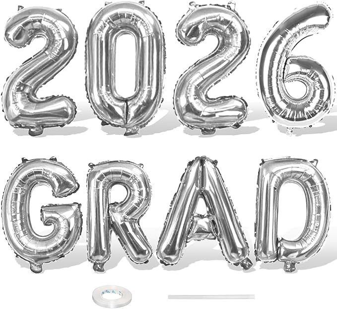Silver 2026 GRAD Foil Balloons, 16 Inch Metallic Silver Grad Congrats Balloons Banner for Graduation Decorations 2026, College High School Class of 2026 Graduate Congratulations Party Decor Supplies