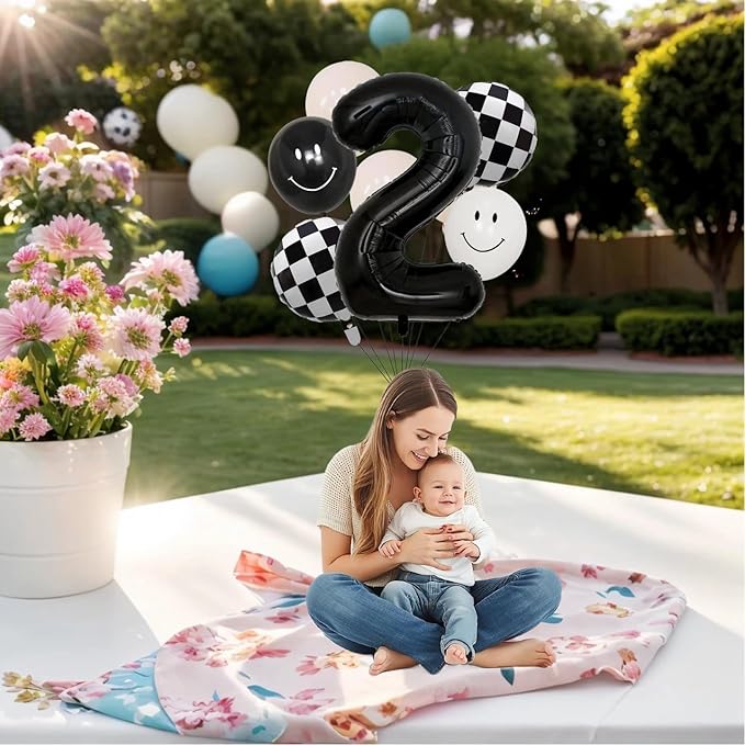 100% LIKED Two Cool Balloon Set, 40” Black Two|Black & White Smiley Face Latex |Checkered Foil for 2 Cool Birthday Decorations, Smiley Face Party Deco, Baby Shower,2nd Birthday Party Supplies