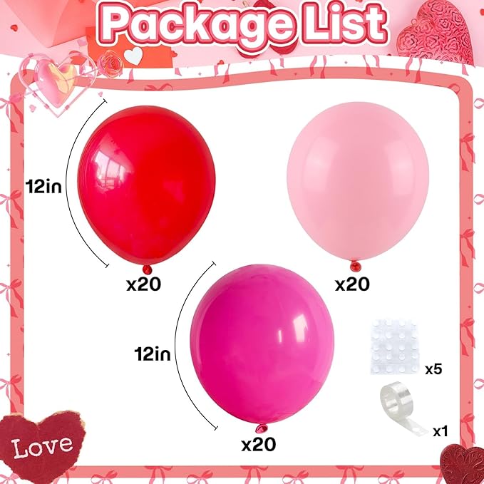 Pink Balloons Valentines, 60pcs Red Hot Light Pastel Pink Magenta Latex Helium Balloon for Valentines Day Women Girls Bachelorette Wedding Bridal Shower Baby Shower Princess Theme Party Decorations