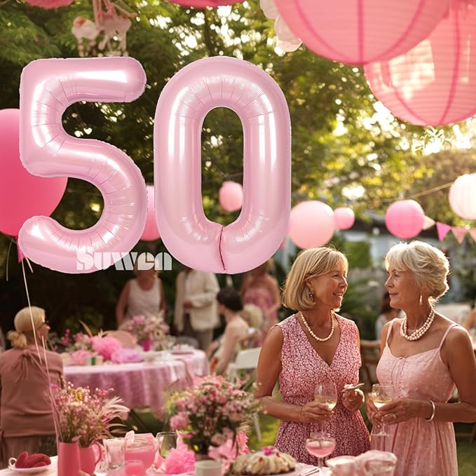 SUWEN 40 Inch Large Pink 50 Balloon Numbers Big Foil Helium Number Balloons 0-9 Jumbo Happy 50th Mylar Birthday Party Decorations for Women Anniversary Party Supplies
