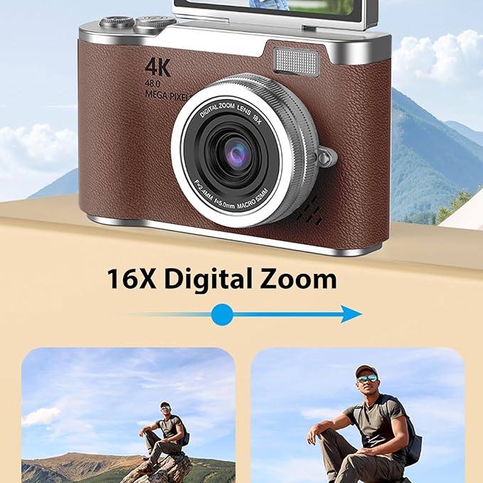 Denash Foldable Screen Kids and Beginners Camera,4K Digital Camera for Photography,48MP Digital Foldable Support 16X Zoom with Flip Scree (Brown)