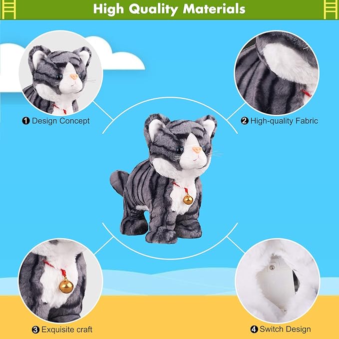 Pattern Gray Robot Cat Plush Cat Stuffed Animal Interactive Cat, Meow Kitten Touch Control, Electronic Cat Pet, Robotic Cat Cat Kitty Toy, Animated Toy Cats for Girls Baby Kids L:12"