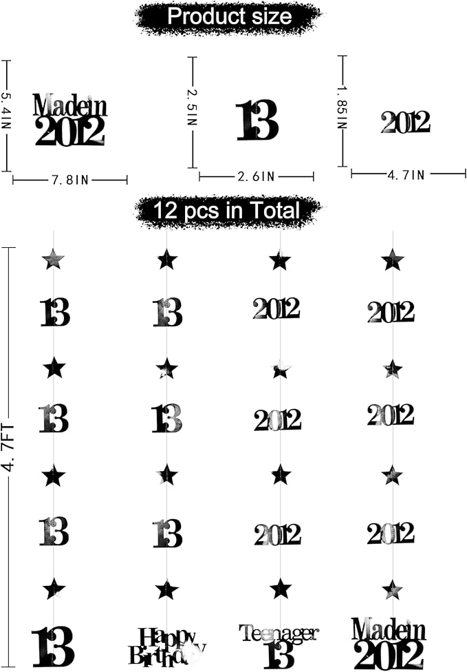 12PCS Black 13th Birthday Decorations Number 13 and 2012 Star Garland Streamer Banner Backdrop for Girls Boys Cheers to 13 Years Birthday Vintage Made in 2012 Official Teenager Party Decor Supplies