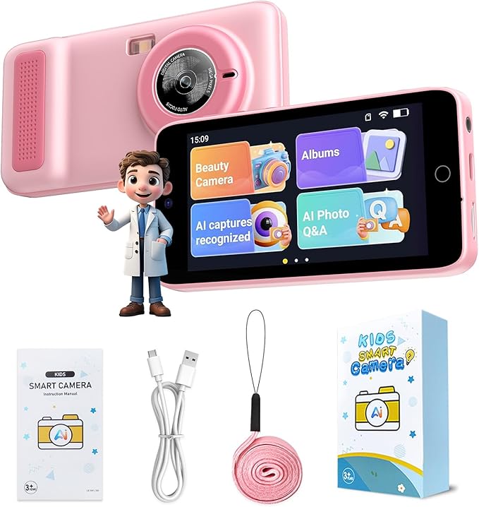AI Digital Camera for Kids with WiFi, Photo Recognition & Voice Dialogue, 4" Touch Screen AI Kids Smart Camera with Dual Lens, Portable Learning Toy, Christmas Birthday Gift for Ages 3-15 (Pink)