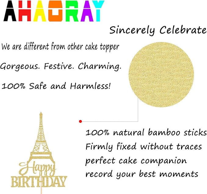 Eiffel Rower Birthday Cake Topper - Gold Glitter Eiffel Rower Theme Birthday Party Cake Decoration Supply - Boy or Girl Architecture Theme Party Cake Decor Photo Prop
