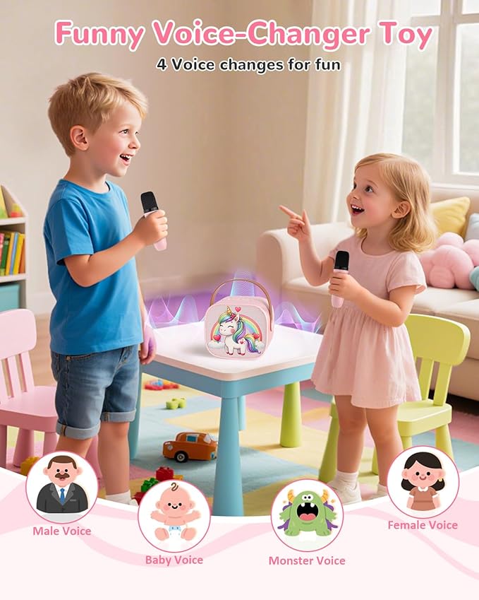 Mini Karaoke Machine for Kids,Portable Bluetooth Speaker with 2 Microphones,Rechargeable Battery,FM Radio,USB Playback,LED Lights for Boys & Girls Children's Gifts-Pink Pony