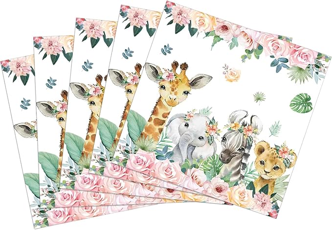 40 Pack Floral Jungle Animal Baby Shower Napkins - 6.5x6.5 Inches Watercolor Pink Jungle Animal Paper Napkins for Jungle Animal Birthday Decorations & Girl Safari Party Supplies