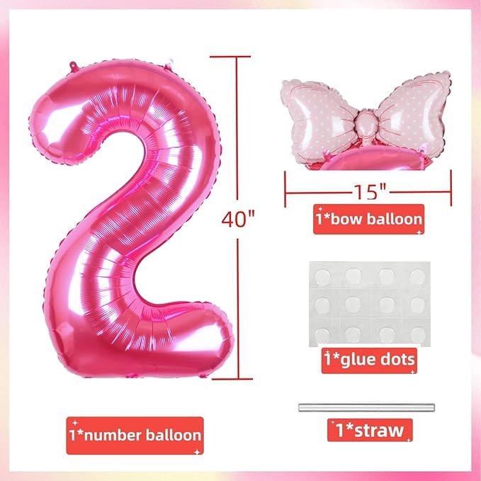 40 Inch Pink Number 2 Balloon with Mini Bow Balloon for Girls 2nd Birthday Decorations, Mouse Pink Princess Western Cowgirl Theme Birthday Party Balloons Decorations Supplies